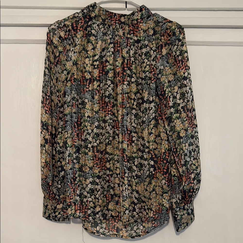 H&M Brown and Blue Graphic Relaxed Blouse with Mandarin Collar